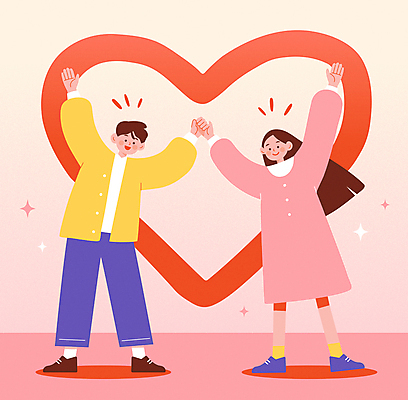 전신 커플 여자 남자 행복 분홍색 포즈 일러스트 화이트데이 함께함 발렌타인데이 사랑 이벤트 성인 두명 손들기 손잡기 하트 손하트 성인만 국내일러스트 AI파일 모양 감정 컬러 컨셉 관계 모션 데이이벤트 사람 손짓 파일형식 벡터