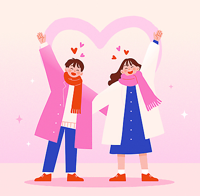 전신 커플 여자 남자 행복 분홍색 포즈 일러스트 화이트데이 함께함 발렌타인데이 사랑 이벤트 성인 두명 반짝임 손들기 목도리 하트 성인만 국내일러스트 AI파일 모양 잡화 감정 컬러 컨셉 관계 모션 데이이벤트 사람 파일형식 벡터