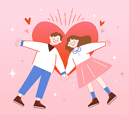 전신 커플 여자 남자 행복 분홍색 포즈 일러스트 화이트데이 팔벌리기 함께함 발렌타인데이 사랑 이벤트 성인 두명 반짝임 손잡기 하트 성인만 국내일러스트 AI파일 모양 감정 컬러 컨셉 관계 모션 데이이벤트 사람 파일형식 벡터