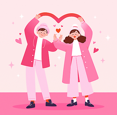 전신 커플 여자 남자 행복 분홍색 포즈 일러스트 화이트데이 함께함 털모자 발렌타인데이 사랑 이벤트 성인 두명 반짝임 손들기 하트 손하트 성인만 국내일러스트 AI파일 모양 모자_잡화 감정 컬러 컨셉 관계 모션 데이이벤트 사람 손짓 파일형식 벡터