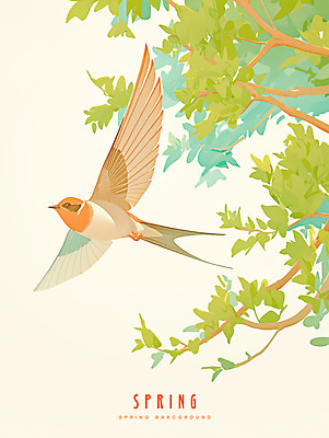 PSD 일러스트 자연 나뭇잎 사람없음 초록색 봄풍경 나뭇가지 비행 분위기 날갯짓 제비 산뜻 국내일러스트 나무 컬러 컨셉 잎 조류 풍경 봄 생태계 파일형식