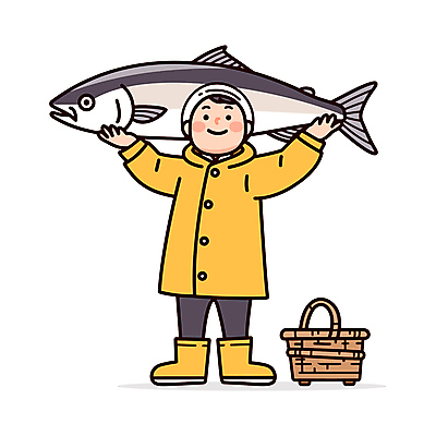 전신 남자 일러스트 낚시 직업캐릭터 작업복 어류 어업 한명 웃음 들기 성인 바구니 어부 방수복 성인남자한명만 일러캐릭터 AI파일 직업 캐릭터 1 옷 산업 모션 레저 표정 사람 수중동물 남자한명만 성인남자만 파일형식 벡터