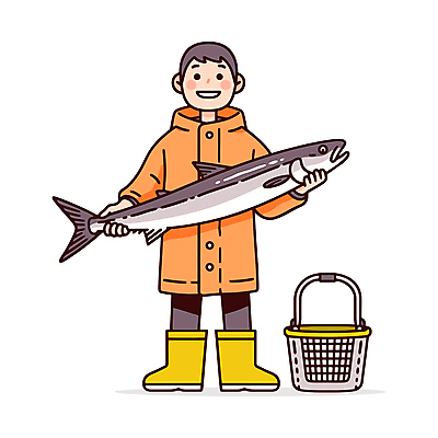 전신 남자 일러스트 낚시 직업캐릭터 작업복 어류 어업 한명 웃음 들기 성인 바구니 어부 방수복 성인남자한명만 일러캐릭터 AI파일 직업 캐릭터 1 옷 산업 모션 레저 표정 사람 수중동물 남자한명만 성인남자만 파일형식 벡터