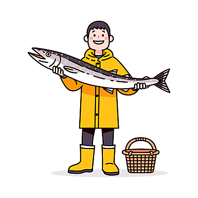 전신 남자 일러스트 낚시 직업캐릭터 작업복 어류 어업 한명 웃음 들기 성인 바구니 어부 방수복 성인남자한명만 일러캐릭터 AI파일 직업 캐릭터 1 옷 산업 모션 레저 표정 사람 수중동물 남자한명만 성인남자만 파일형식 벡터