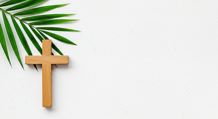 JPG 편집이미지 종교 부활절 사람없음 기도 나무십자가 종려나무잎 카피스페이스 편집실사 AI포토 AI콘텐츠 기념일 십자가 잎 공백 CG 파일형식