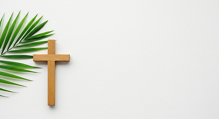 JPG 편집이미지 종교 부활절 사람없음 기도 나무십자가 종려나무잎 카피스페이스 편집실사 AI포토 AI콘텐츠 기념일 십자가 잎 공백 CG 파일형식