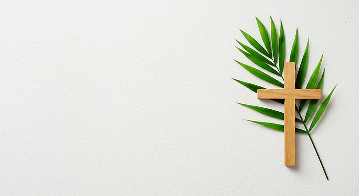 JPG 편집이미지 종교 부활절 사람없음 기도 나무십자가 종려나무잎 카피스페이스 편집실사 AI포토 AI콘텐츠 기념일 십자가 잎 공백 CG 파일형식