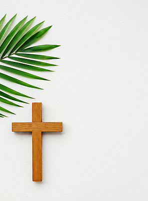JPG 편집이미지 종교 부활절 사람없음 기도 나무십자가 종려나무잎 편집실사 AI포토 AI콘텐츠 기념일 십자가 잎 CG 파일형식