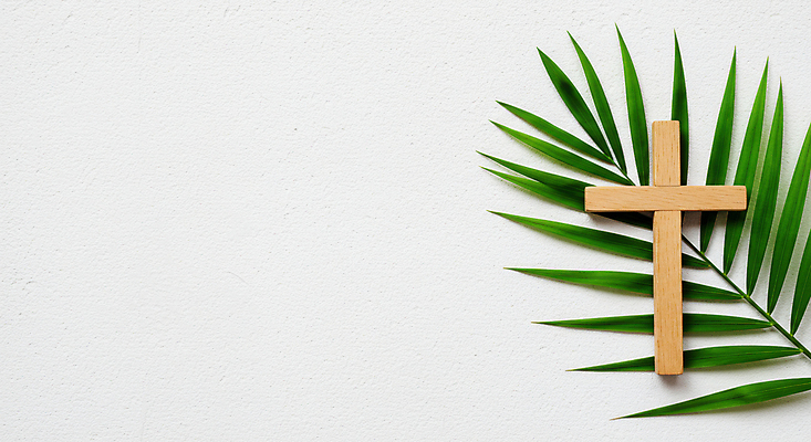 JPG 편집이미지 종교 부활절 사람없음 기도 나무십자가 종려나무잎 카피스페이스 편집실사 AI포토 AI콘텐츠 기념일 십자가 잎 공백 CG 파일형식