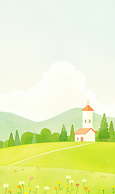 JPG 나무 구름 일러스트 봄꽃 자연 하늘 산 따뜻함 잔디 사람없음 초록색 교회 봄풍경 화창 국내일러스트 AI일러스트 AI콘텐츠 자연요소 식물 꽃 컬러 종교건축 날씨 풍경 건물 봄 생태계 파일형식