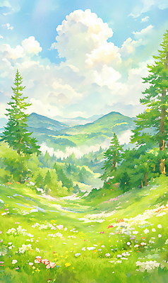 JPG 나무 구름 꽃밭 일러스트 봄꽃 자연 하늘 산 따뜻함 잔디 초원 사람없음 초록색 햇빛 봄풍경 숲 화창 국내일러스트 AI일러스트 AI콘텐츠 자연요소 식물 꽃 컬러 날씨 풍경 태양 봄 생태계 파일형식