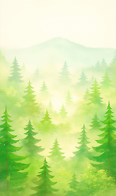 JPG 나무 일러스트 자연 산 따뜻함 사람없음 초록색 봄풍경 안개 숲 화창 국내일러스트 AI일러스트 AI콘텐츠 식물 컬러 날씨 풍경 봄 생태계 파일형식