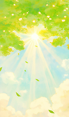 JPG 나무 구름 잎 일러스트 자연 하늘 따뜻함 사람없음 연두색 햇빛 태양 봄풍경 화창 국내일러스트 AI일러스트 AI콘텐츠 자연요소 식물 날씨 풍경 초록색 봄 생태계 파일형식