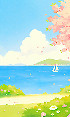 JPG 구름 꽃잎 바다 잎 요트 일러스트 봄꽃 자연 하늘 따뜻함 잔디 사람없음 물 파란색 햇빛 봄풍경 산책로 벚나무 화창 국내일러스트 AI일러스트 AI콘텐츠 자연요소 나무 식물 꽃 길 컬러 배_교통 날씨 풍경 태양 봄 벚꽃 생태계 파일형식