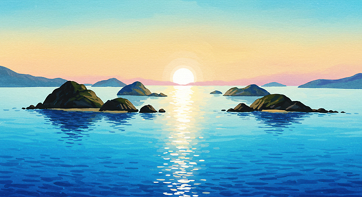 JPG 바다 섬 일러스트 자연 하늘 풍경 사람없음 파란색 태양 평화 노을 윤슬 국내일러스트 AI일러스트 AI콘텐츠 자연요소 물결 컬러 컨셉 생태계 파일형식