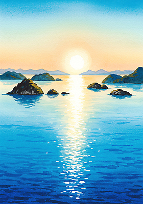 JPG 바다 섬 일러스트 자연 하늘 풍경 사람없음 파란색 태양 평화 노을 윤슬 국내일러스트 AI일러스트 AI콘텐츠 자연요소 물결 컬러 컨셉 생태계 파일형식