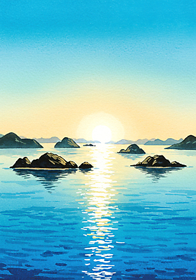 JPG 바다 섬 일러스트 자연 하늘 풍경 사람없음 파란색 태양 평화 노을 윤슬 국내일러스트 AI일러스트 AI콘텐츠 자연요소 물결 컬러 컨셉 생태계 파일형식