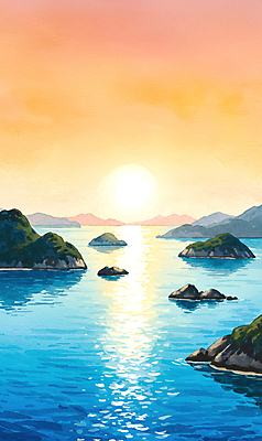 JPG 바다 섬 일러스트 자연 하늘 풍경 사람없음 파란색 태양 평화 노을 주황색 윤슬 국내일러스트 AI일러스트 AI콘텐츠 자연요소 물결 컬러 컨셉 생태계 파일형식