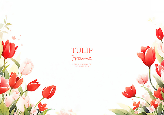 PSD 잎 꽃백그라운드 일러스트 봄꽃 자연 수채화 사람없음 빨간색 튤립 꽃프레임 카피스페이스 국내일러스트 식물 꽃 컬러 백그라운드 프레임 봄 공백 생태계 파일형식