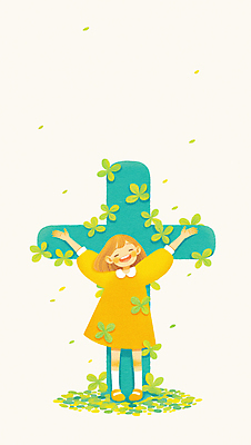 JPG 전신 여자 종교 어린이 잎 일러스트 한명 미소 소녀 노란색 손들기 평화 눈감음 봄 십자가모양 소녀한명만 국내일러스트 AI일러스트 AI콘텐츠 모양 식물 1 계절 컬러 컨셉 십자가 모션 표정 사람 여자한명만 소녀만 파일형식