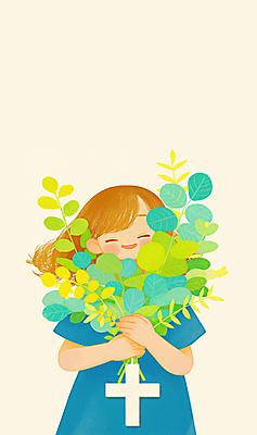 JPG 여자 종교 어린이 잎 일러스트 한명 미소 웃음 들기 소녀 파란색 평화 눈감음 봄 십자가모양 소녀한명만 국내일러스트 AI일러스트 AI콘텐츠 모양 식물 1 계절 컬러 컨셉 십자가 모션 표정 사람 여자한명만 소녀만 파일형식