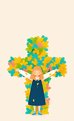 JPG 전신 여자 종교 어린이 잎 일러스트 팔벌리기 한명 미소 소녀 평화 눈감음 봄 십자가모양 소녀한명만 국내일러스트 AI일러스트 AI콘텐츠 모양 식물 1 계절 컨셉 십자가 모션 표정 사람 여자한명만 소녀만 파일형식