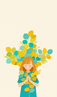 JPG 여자 종교 어린이 잎 일러스트 한명 미소 소녀 평화 눈감음 봄 기도 손모으기 민트색 십자가모양 소녀한명만 국내일러스트 AI일러스트 AI콘텐츠 모양 식물 1 계절 컬러 컨셉 십자가 모션 표정 사람 손짓 여자한명만 소녀만 파일형식