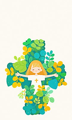 JPG 여자 종교 어린이 잎 일러스트 팔벌리기 한명 미소 소녀 초록색 평화 눈감음 봄 십자가모양 소녀한명만 국내일러스트 AI일러스트 AI콘텐츠 모양 식물 1 계절 컬러 컨셉 십자가 모션 표정 사람 여자한명만 소녀만 파일형식