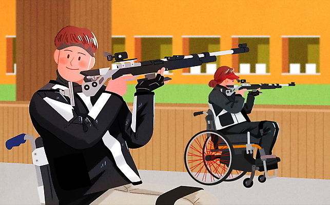 PSD 모자 여자 남자 스포츠 일러스트 들기 성인 두명 장애인 휠체어 사격 사격수 사격장 사격총 성인만 국내일러스트 잡화 모션 사람 총 장애 파일형식