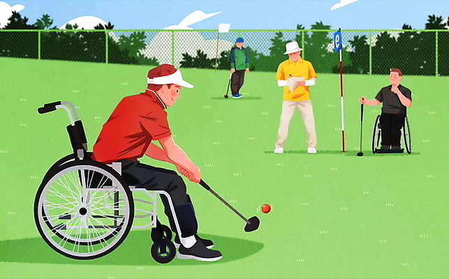 전신 PSD 모자 남자 스포츠 일러스트 필드 하늘 골프공 들기 앉기 여러명 성인 골프채 골퍼 장애인 휠체어 철조망 성인남자만 파크골프 국내일러스트 잡화 다수 골프 공 모션 운동선수 골프용품 사람 장애 남자만 성인만 파일형식