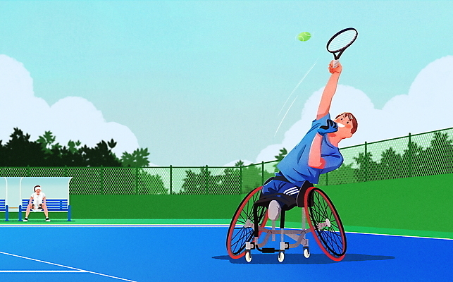 전신 PSD 여자 남자 스포츠 일러스트 하늘 앉기 성인 두명 테니스라켓 테니스장 테니스공 장애인 휠체어 철조망 테니스선수 손뻗기 테니스복 성인만 국내일러스트 공 스포츠시설 모션 운동선수 사람 운동복 테니스 라켓 테니스용품 장애 파일형식