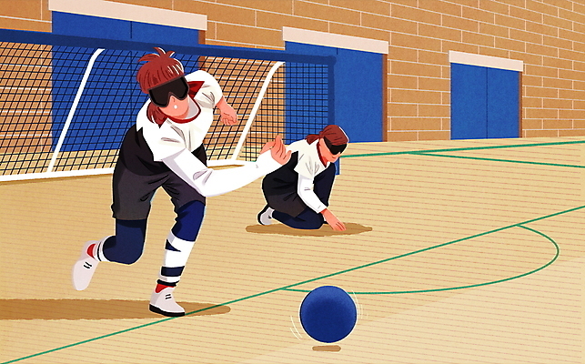 전신 PSD 여자 일러스트 고글 성인 두명 운동복 달리기 골대 체육관 시각장애인 성인여자만 골볼 국내일러스트 옷 스포츠 모션 사람 장애인 여자만 성인만 파일형식