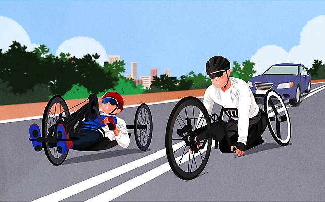 전신 PSD 남자 도로 스포츠 일러스트 자동차 하늘 성인 두명 눕기 헬멧 장애인 사이클선수 사이클링 성인남자만 주저앉기 국내일러스트 길 육상교통 교통시설 모션 운동선수 사람 앉기 보호장비 육상스포츠 장애 남자만 성인만 파일형식