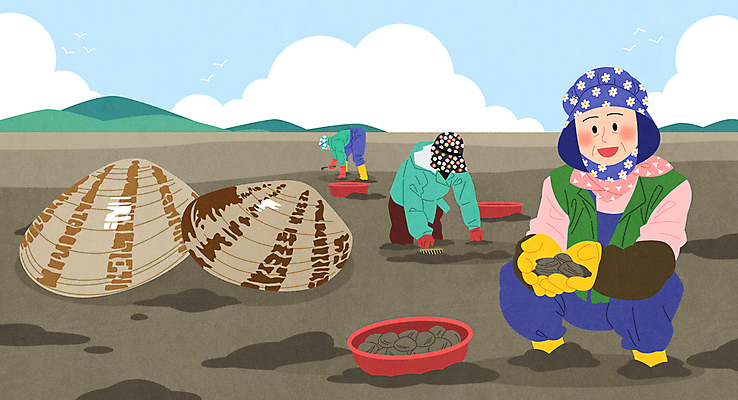 전신 구름 모자 여자 노년 일러스트 하늘 산 허리숙이기 어업 세명 봄 무릎꿇기 수집 대야 보여주기 갯벌 웅크림 바지락 노인여자만 제철음식 국내일러스트 AI파일 자연요소 잡화 계절 산업 음식 모션 조개 숙이기 사람 성인 제철 여자만 노인만 파일형식 벡터