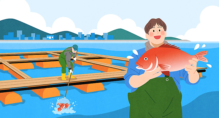 전신 구름 남자 바다 일러스트 하늘 어업 들기 빌딩 성인 두명 마을 봄 어부 도미 양식장 뜰그물 어획 성인남자만 제철음식 국내일러스트 AI파일 자연요소 직업 계절 산업 음식 모션 어류 사람 건물 시설 제철 남자만 성인만 파일형식 벡터