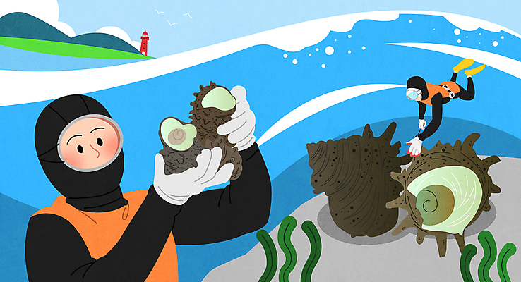 전신 여자 바다 일러스트 들기 상반신 성인 두명 봄 해초 소라 수집 잠수 해녀 성인여자만 제철음식 국내일러스트 AI파일 직업 계절 음식 모션 어패류 사람 해조류 제철 여자만 성인만 파일형식 벡터