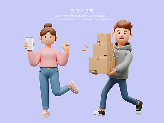 전신 PSD 편집이미지 커플 여자 남자 모바일 3D캐릭터 웃음 들기 성인 두명 라이프 스마트폰 3D 쌓기 가리킴 배송 즐거움 연보라색 택배상자 성인만 편집3D 캐릭터 감정 관계 모션 표정 사람 손짓 생활 핸드폰 스마트기기 상자 보라색 디지털합성 택배 파일형식