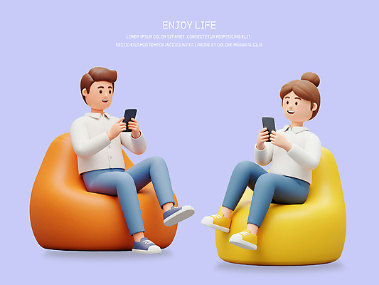 전신 PSD 편집이미지 커플 여자 남자 모바일 3D캐릭터 웃음 들기 앉기 성인 두명 라이프 스마트폰 3D 즐거움 연보라색 성인만 빈백 편집3D 캐릭터 감정 생활용품 관계 모션 표정 사람 생활 핸드폰 스마트기기 보라색 디지털합성 파일형식