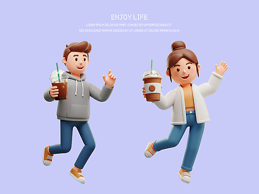 전신 PSD 편집이미지 커플 여자 남자 커피 3D캐릭터 웃음 들기 성인 두명 라이프 3D 손들기 점프 즐거움 연보라색 아이스아메리카노 테이크아웃컵 성인만 편집3D 캐릭터 감정 음료 관계 모션 표정 사람 생활 컵 보라색 디지털합성 아메리카노 아이스커피 파일형식