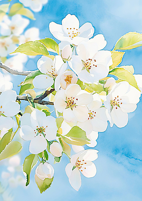 JPG 구름 하늘색 일러스트 나뭇잎 수채화 사람없음 흰색 나뭇가지 만개 배꽃 국내일러스트 AI일러스트 AI콘텐츠 자연요소 나무 꽃 컬러 잎 파란색 파일형식