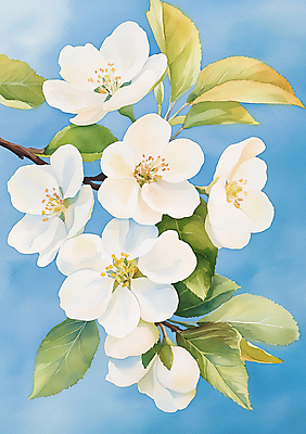 JPG 구름 하늘색 일러스트 나뭇잎 수채화 사람없음 흰색 나뭇가지 만개 배꽃 국내일러스트 AI일러스트 AI콘텐츠 자연요소 나무 꽃 컬러 잎 파란색 파일형식