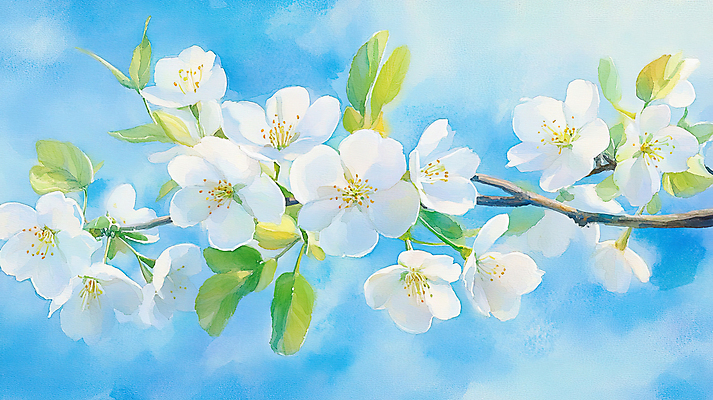 JPG 구름 하늘색 일러스트 나뭇잎 수채화 사람없음 흰색 나뭇가지 만개 배꽃 국내일러스트 AI일러스트 AI콘텐츠 자연요소 나무 꽃 컬러 잎 파란색 파일형식