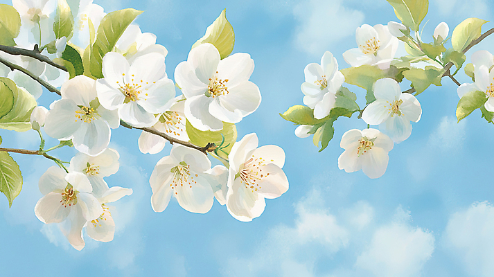 JPG 구름 하늘색 일러스트 나뭇잎 수채화 사람없음 흰색 나뭇가지 만개 배꽃 국내일러스트 AI일러스트 AI콘텐츠 자연요소 나무 꽃 컬러 잎 파란색 파일형식