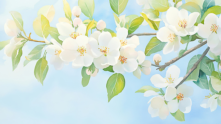 JPG 구름 하늘색 일러스트 나뭇잎 수채화 사람없음 흰색 나뭇가지 만개 배꽃 국내일러스트 AI일러스트 AI콘텐츠 자연요소 나무 꽃 컬러 잎 파란색 파일형식