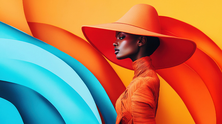 JPG 모델 편집이미지 여자 하늘색 한명 성인 뷰티 주황색 화려 잡지 챙모자 하이패션 의료성형뷰티 성인여자한명만 편집실사 AI인물포토 AI콘텐츠 모자_잡화 1 패션 컬러 컨셉 사람 간행물 파란색 CG 여자한명만 성인여자만 파일형식 AI포토