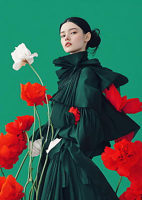 JPG 모델 편집이미지 응시 여자 꽃 한명 성인 초록색 뷰티 화려 잡지 하이패션 의료성형뷰티 성인여자한명만 편집실사 AI인물포토 AI콘텐츠 식물 1 시선 패션 컬러 컨셉 사람 간행물 CG 여자한명만 성인여자만 파일형식 AI포토