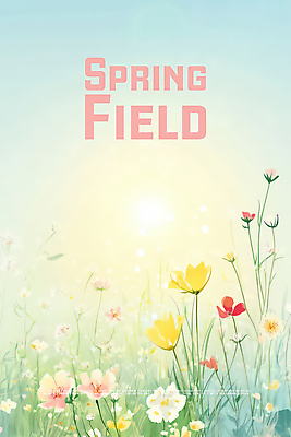 PSD 하늘색 꽃밭 일러스트 봄꽃 초원 사람없음 햇빛 봄풍경 풀잎 국내일러스트 꽃 잎 풍경 파란색 태양 봄 풀_식물 파일형식