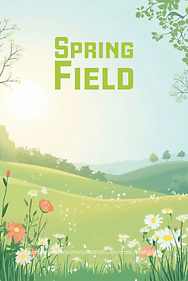 PSD 나무 일러스트 봄꽃 초원 사람없음 햇빛 봄풍경 풀잎 언덕 국내일러스트 식물 꽃 잎 풍경 태양 봄 풀_식물 파일형식