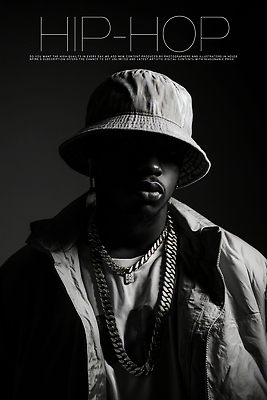 PSD 편집이미지 패션 남자 포스터 목걸이 흑백 힙합 한명 상반신 성인 벙거지모자 아티스트 의료성형뷰티 성인남자한명만 이미지편집 직업 모자_잡화 1 음악 장신구 촬영기법 사람 남자한명만 성인남자만 파일형식