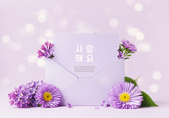 PSD 편집이미지 꽃 잎 편지봉투 사랑 사람없음 보라색 편지 보케 이미지편집 식물 감정 컬러 봉투 파일형식